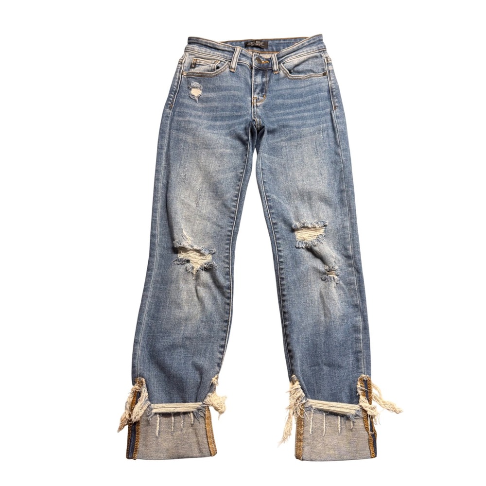 Judy Blue Los Angeles Straight Fit Distressed Frayed Hem Jeans 0/24 Denim